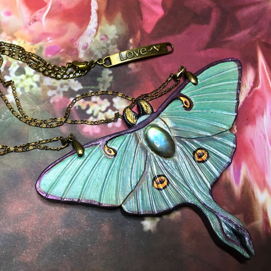 Handmade Tooled Leather Luna Moth Necklace with Blue Labradorite