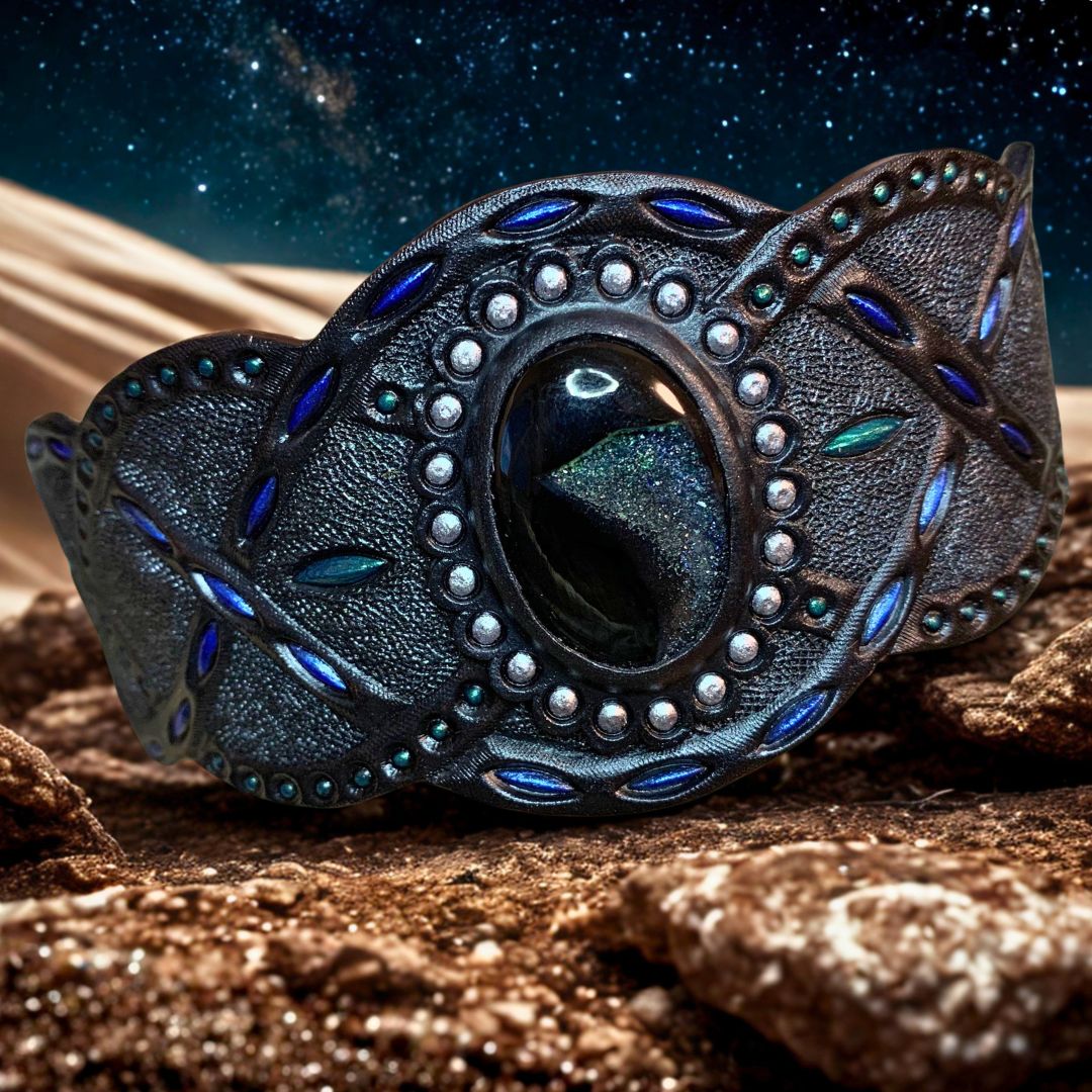 Hand Tooled Leather Bracelet with Onyx Druzy