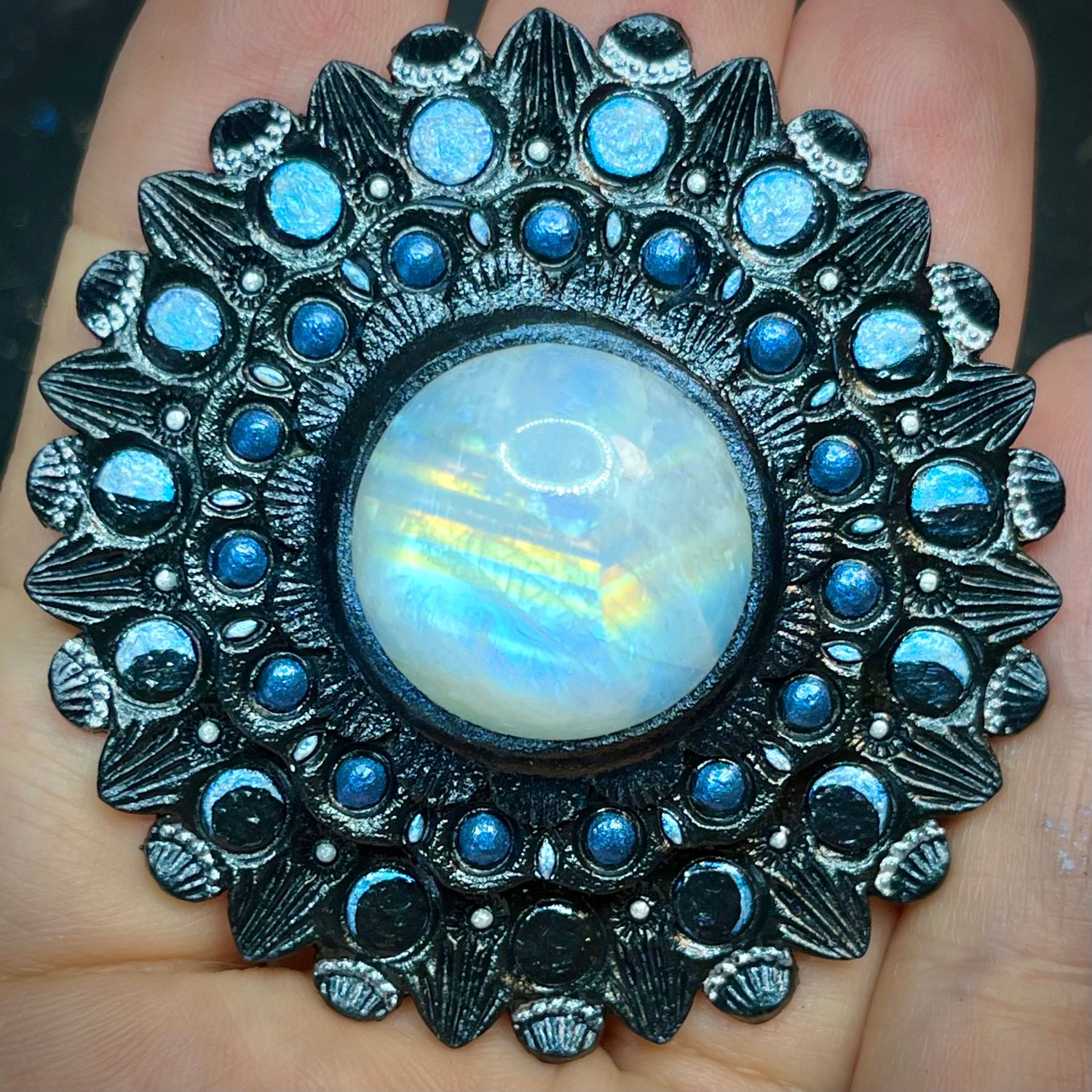 Tooled Leather Concho with Rainbow Moonstone