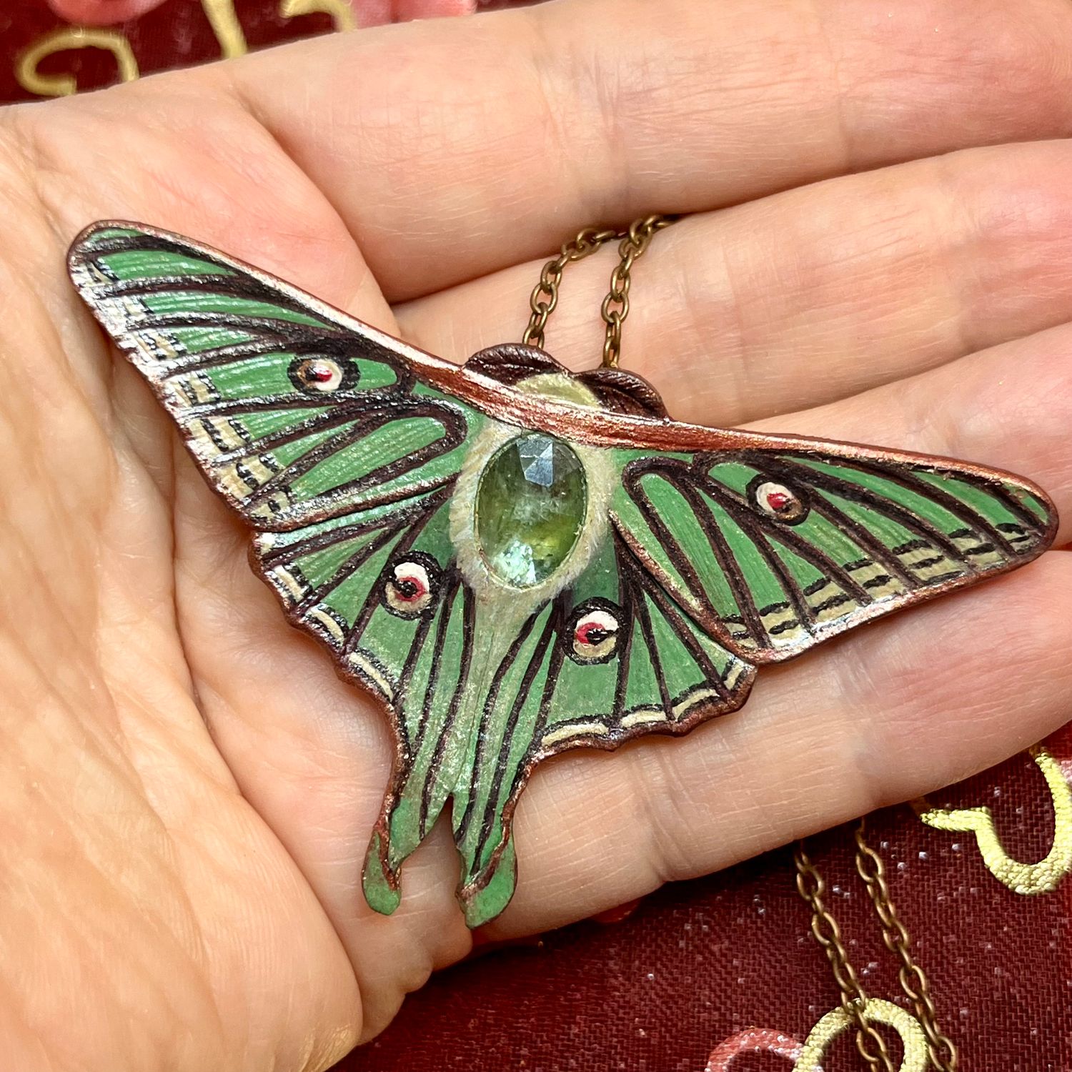 Tooled Leather Luna Moth Brooch / Pendant Transformer with Green Kyanite