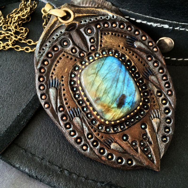 Handmade Tooled Leather Labradorite Pendant