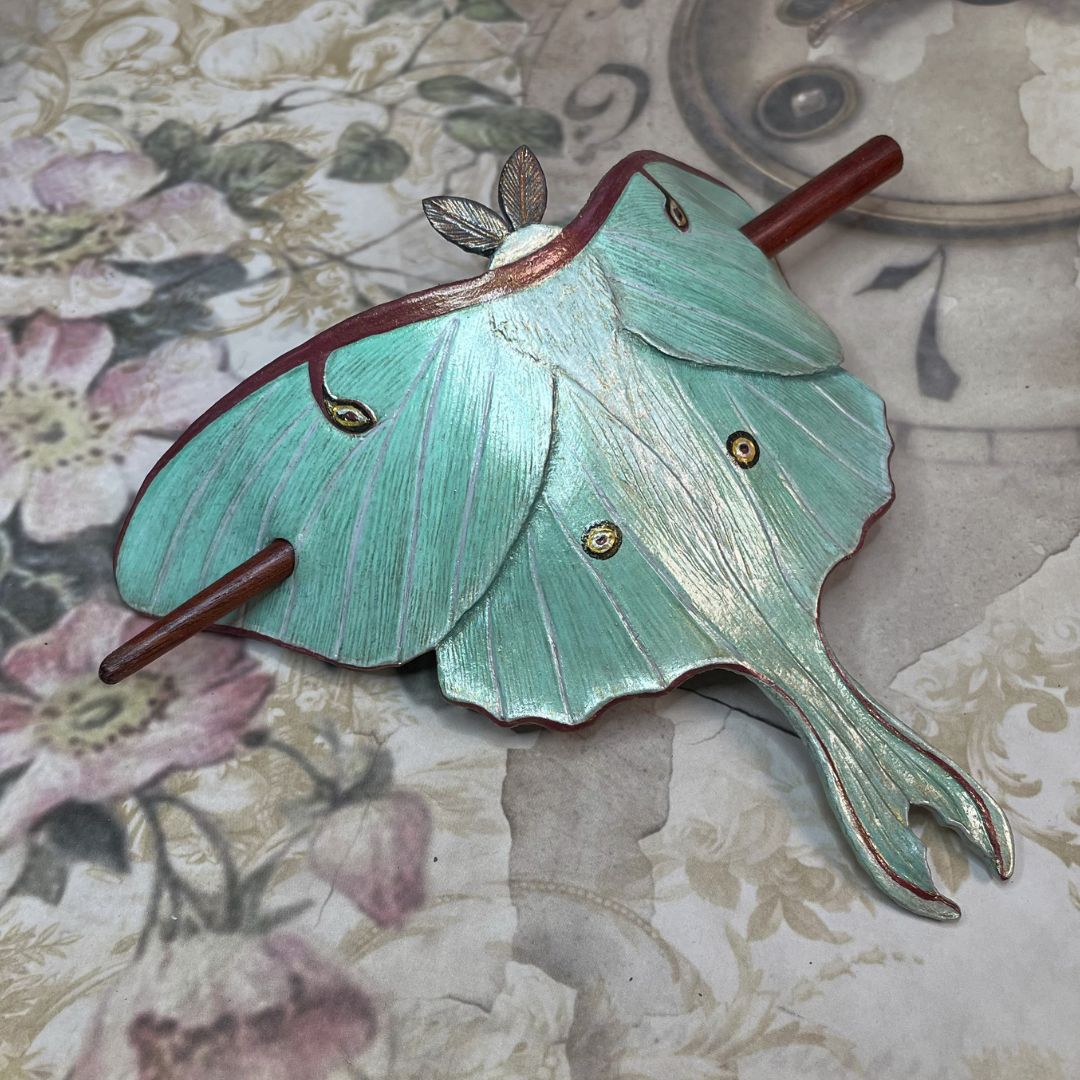 Tooled leather Comet Luna Moth hair barrette with a stick