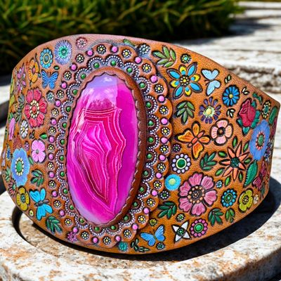Boho Floral Tooled Leather Bracelet with Pink Agate