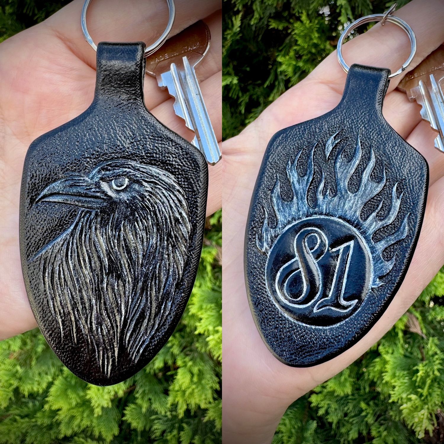 Tooled leather Raven key holder