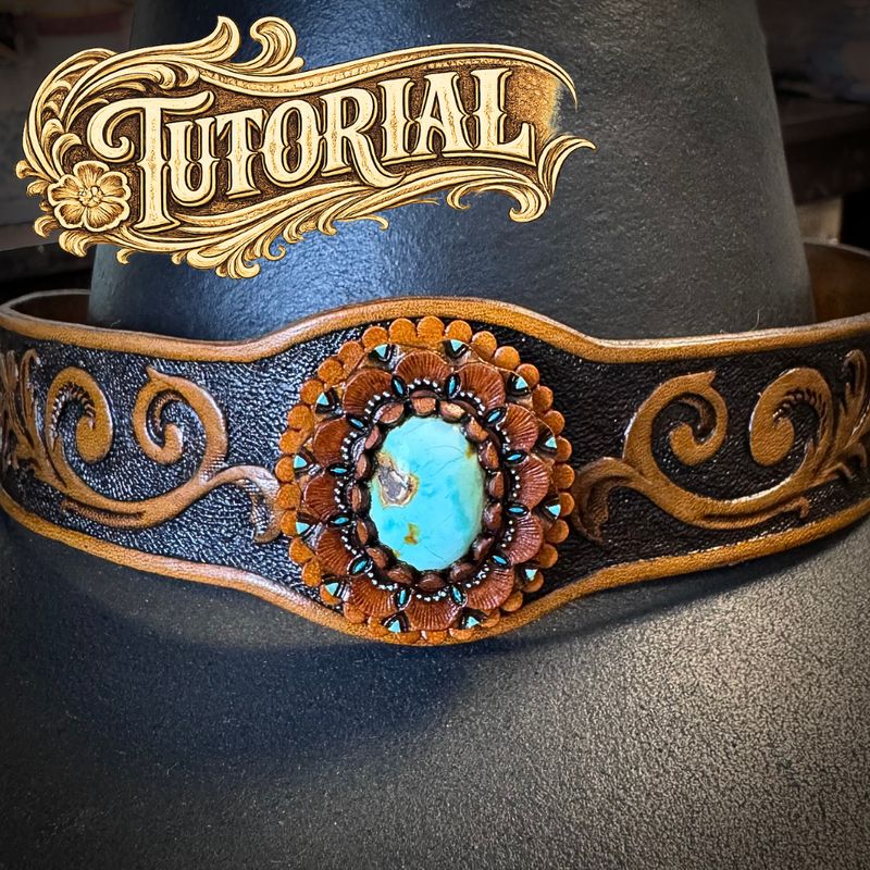 Tutorial for a Tooled Leather Concho with Turquoise for a Hatband, belt, bag