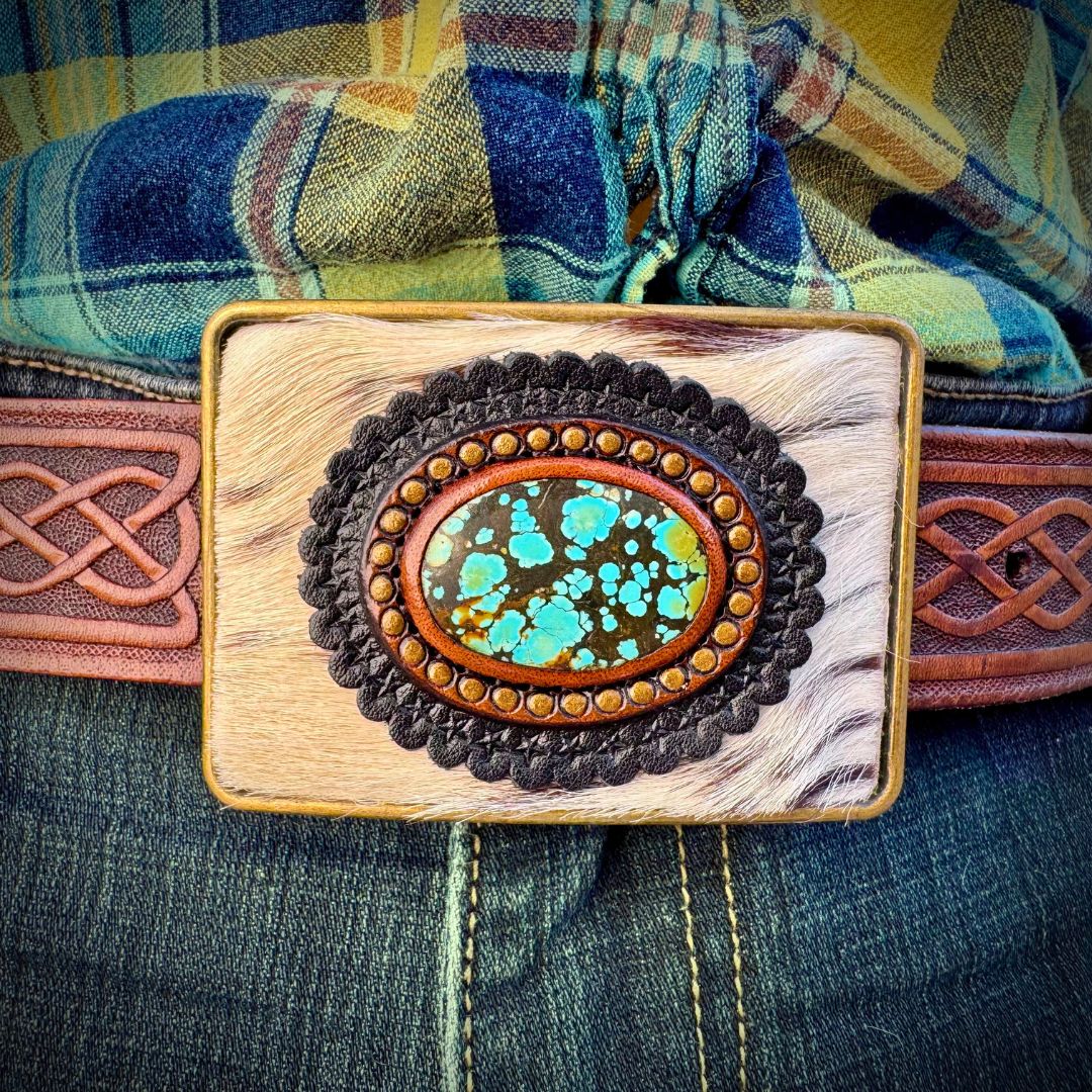 Hand Tooled Leather Belt Buckle with Turquoise Cabochon