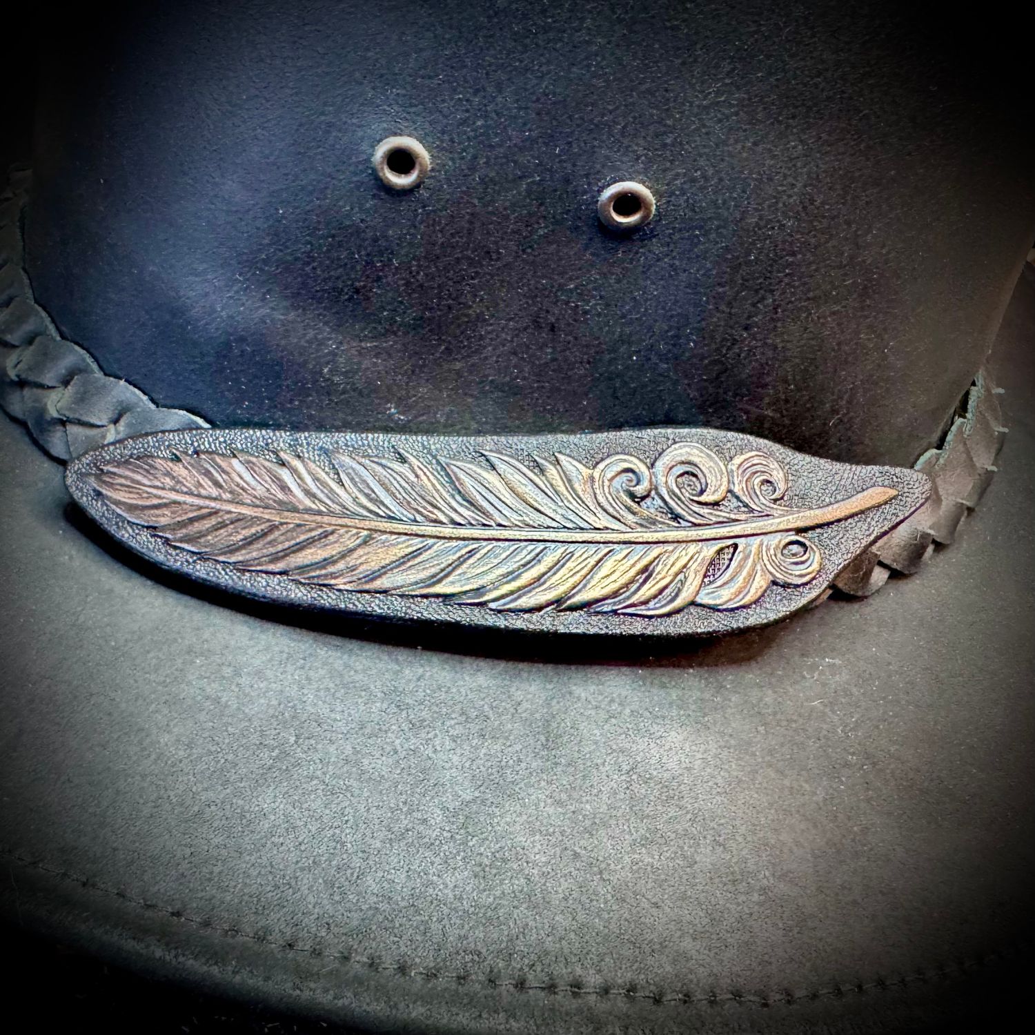 Hand Tooled Leather Feather Brooch, Hatband or Bag Decoration