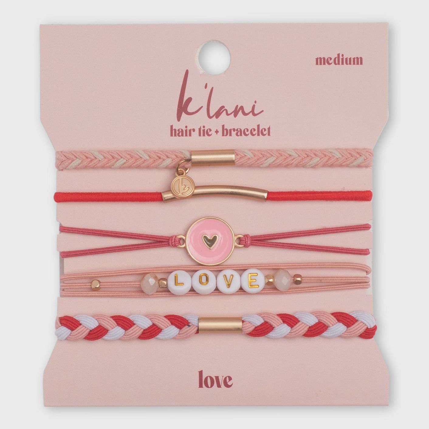 "Love" Pink Hearts Hair Tie Bracelets, Size: Small