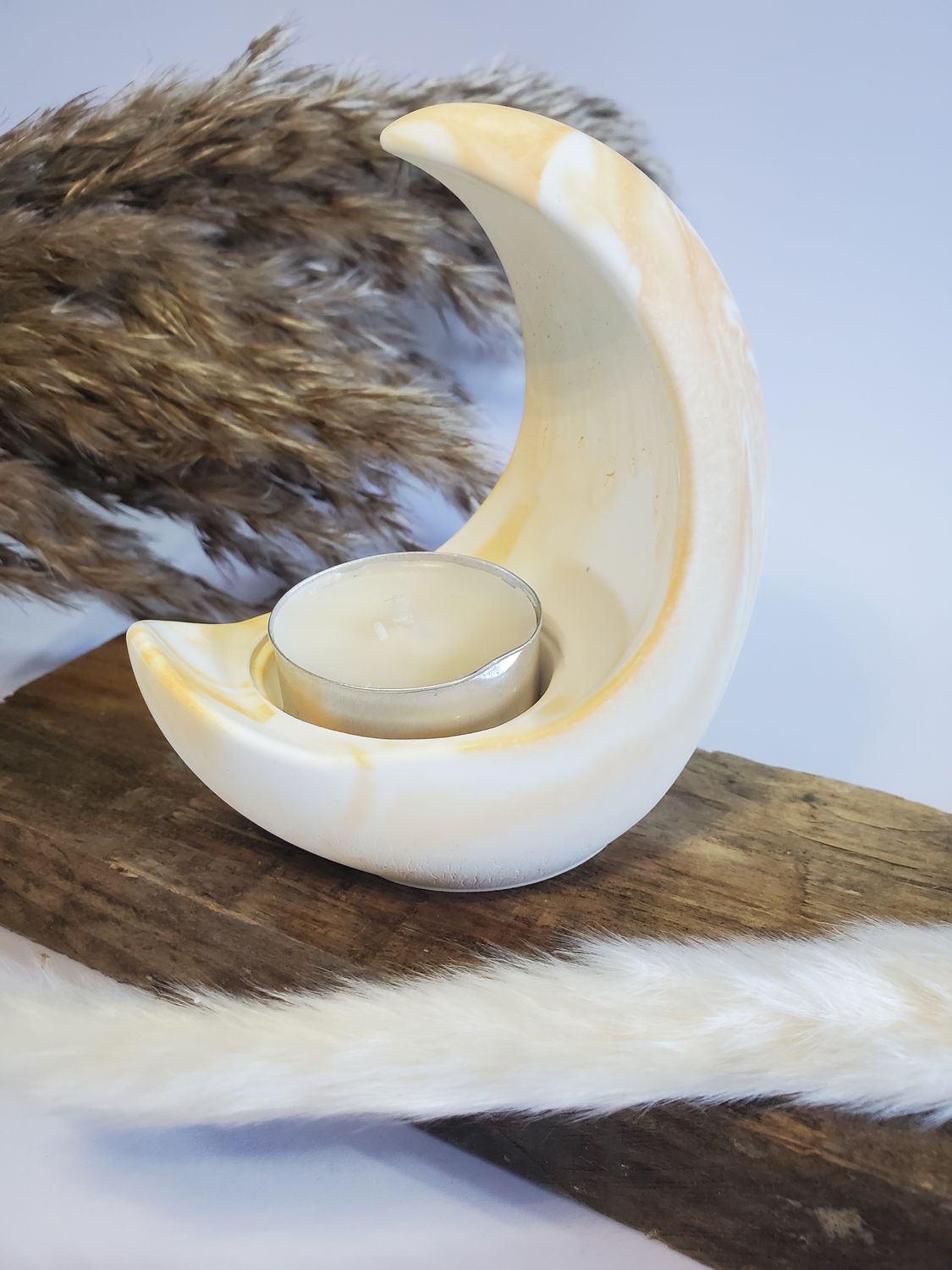 Moon Shape tealight candle holder - Orange marble effect