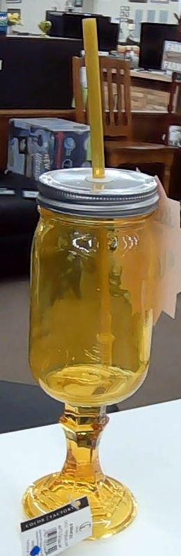 YELLOW MASON JAR W/STRAW