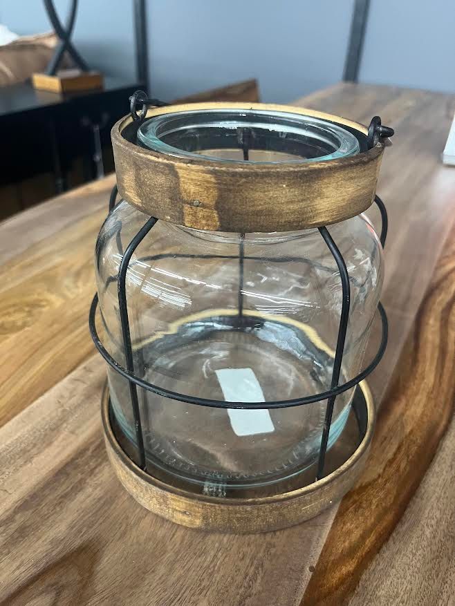 GLASS LANTERN W/ WOOD & METAL