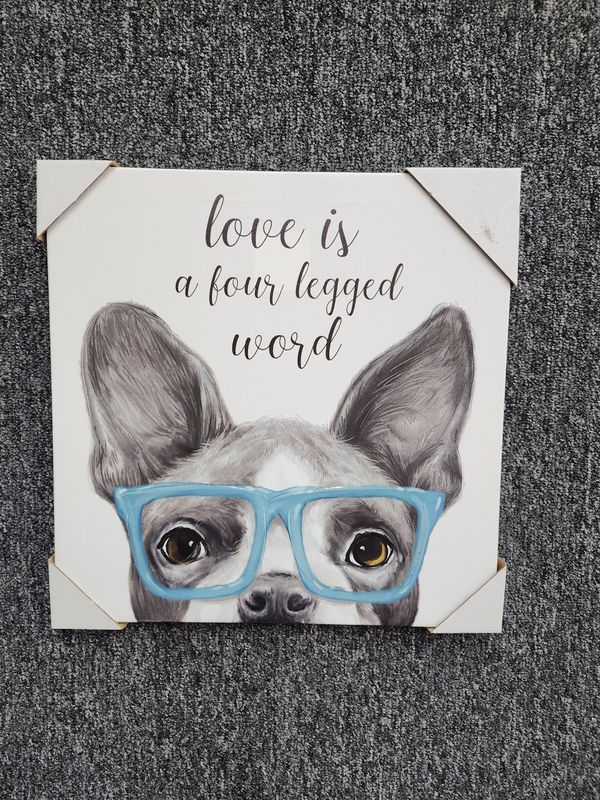 LOVE IS FOUR LEGGED WORD , DOG WITH BLUE GLASSES