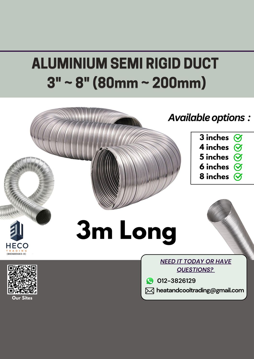 3m long Aluminium Semi Rigid Duct [3 inches to 8 inches] (80mm ~ 200mm)