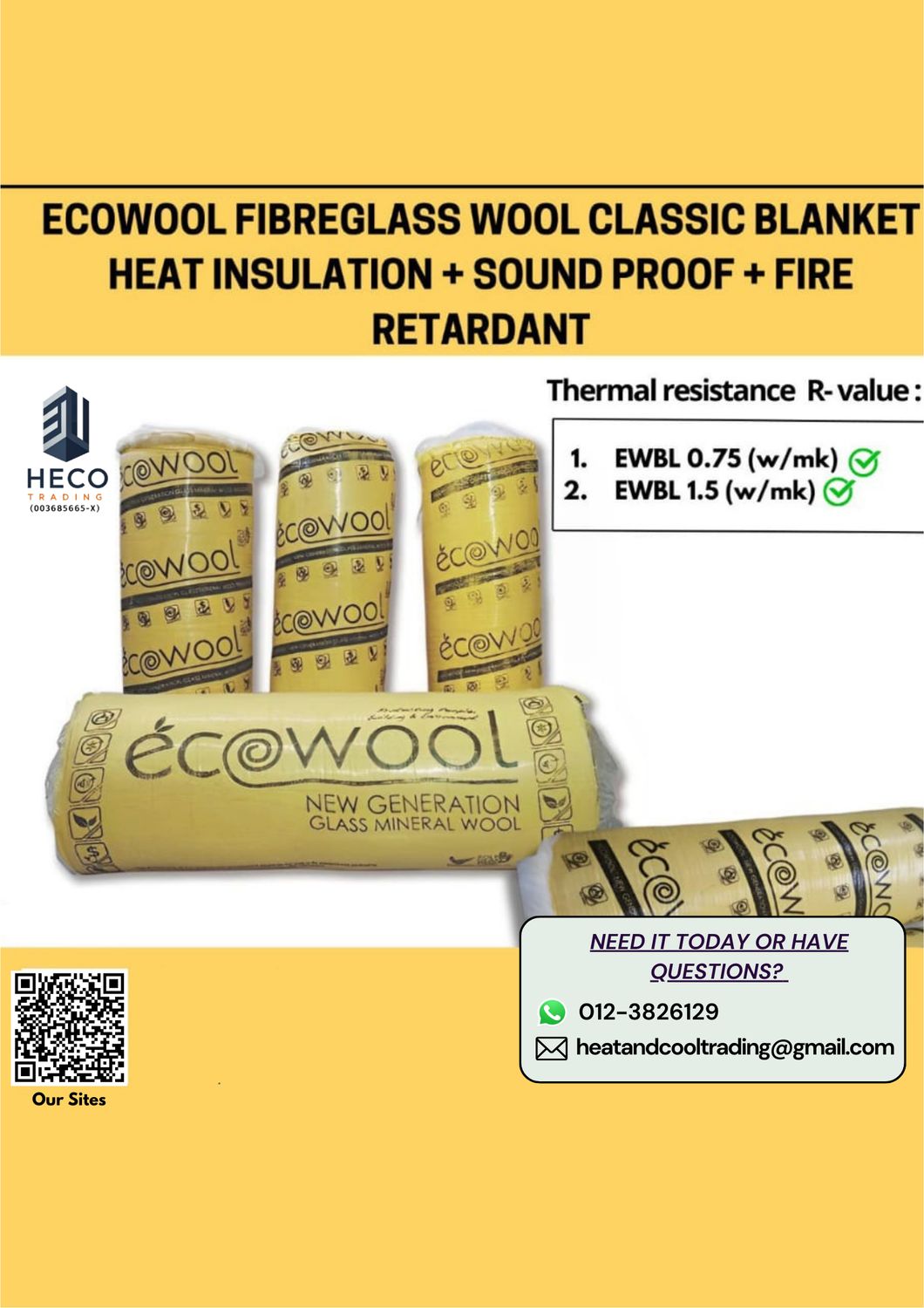 Ecowool Fibreglass Wool Classic Blanket Heat Insulation + Sound Proof + Fire Retardant