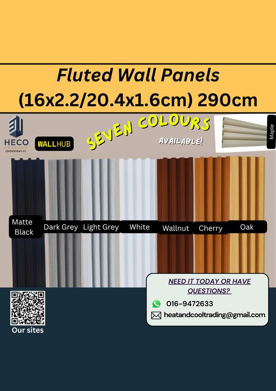 Fluted WallPanel ( 204mm x 16mm  / 160mm x 22mm ) 2900mm Maple, Oak, Walnut, Cherry, Dark Grey, Matte Black, White