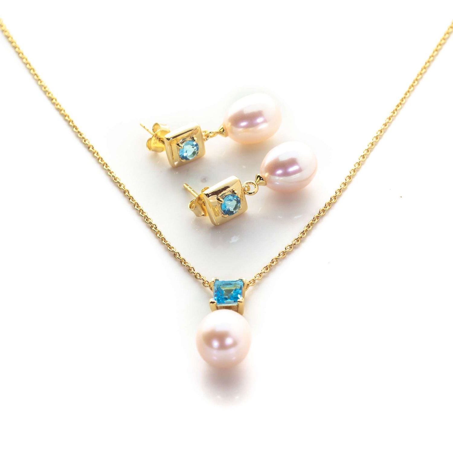 Swiss Blue Topaz Stone Freshwater Pearl Bombay Set