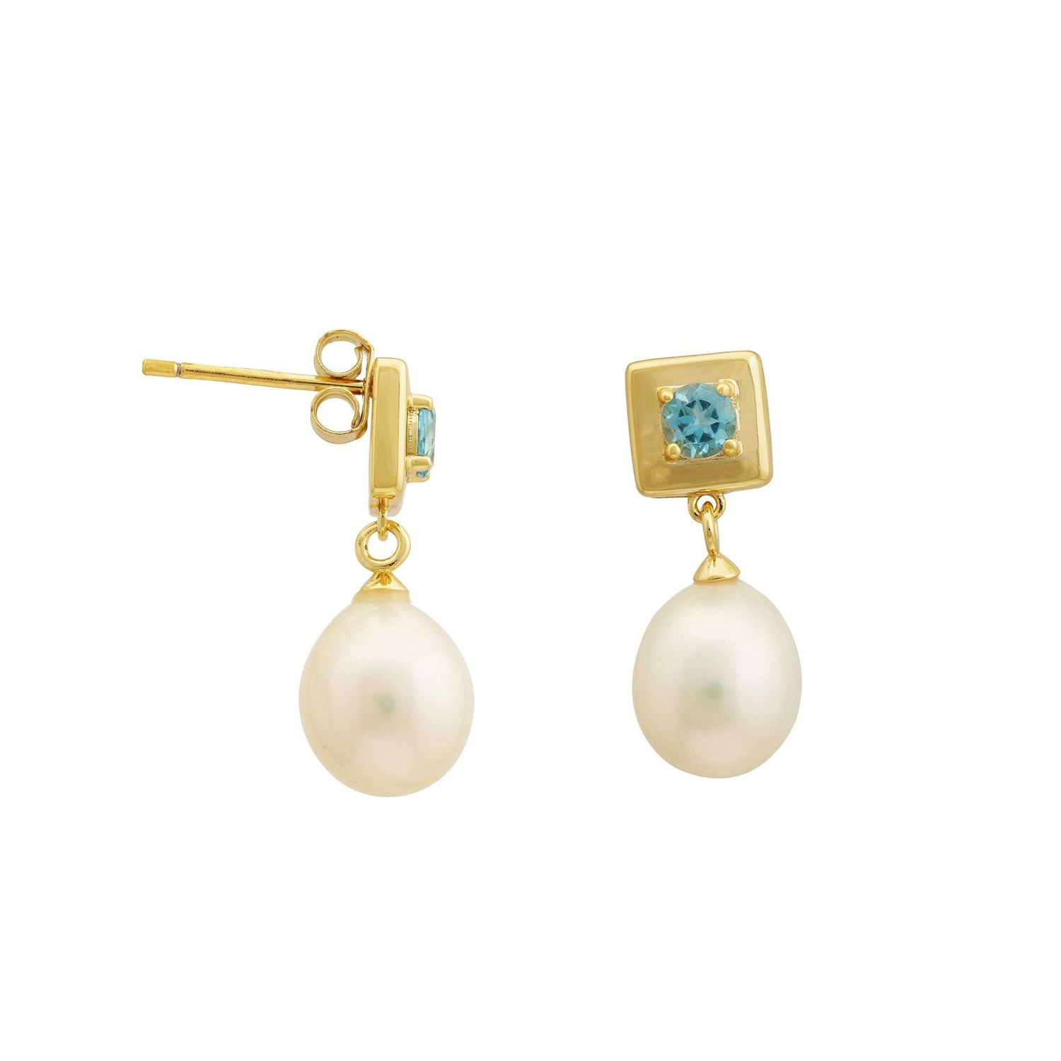 Swiss Blue Topaz Round Stone &amp; Freshwater Pearl Vienna Drop Earrings