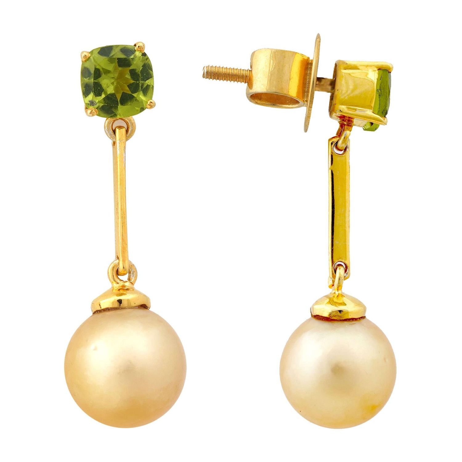 Golden South Sea Pearl with Green Peridot Stone Albany Drop Earrings
