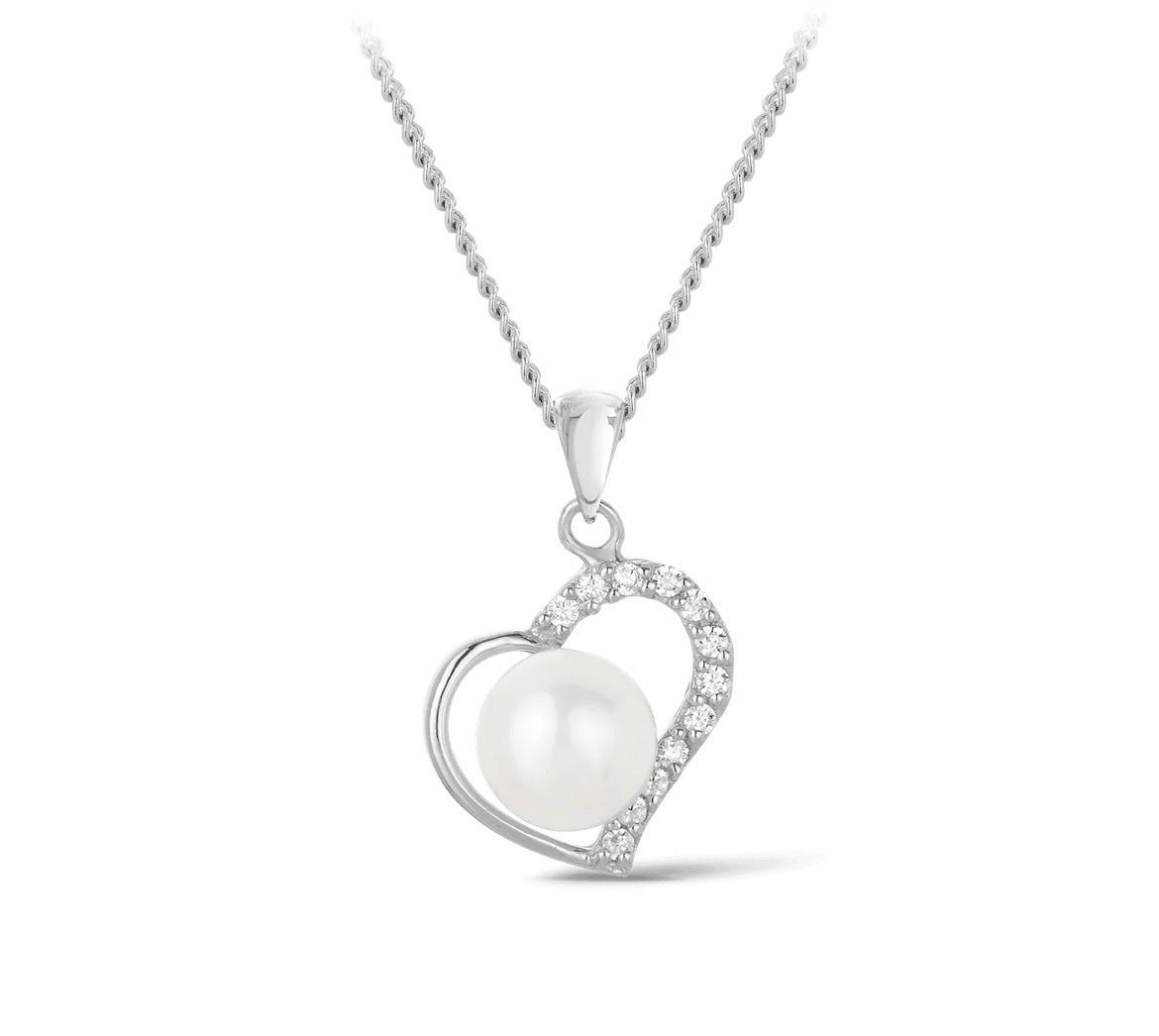Freshwater Pearl &amp; Cubic Zirconia Open Heart Pendant in Sterling Silver