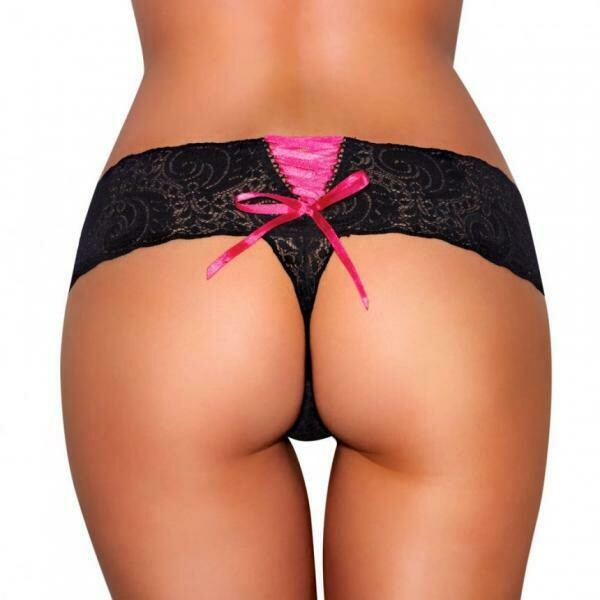 Hustler Vibrating Panty Lace Up Back Thong Black