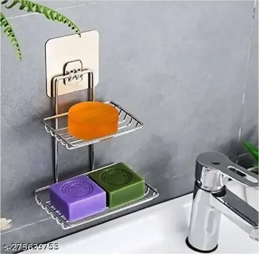 Super Enterprise Wall Mounted Double Layer Soap Dish Holder Stainless Steel Wall Hanging Soap Storage Rack For Kitchen Bathroom-With Self Adhesive Magic Sticker (Silver) Soap Holder &amp; Dispensers Pack