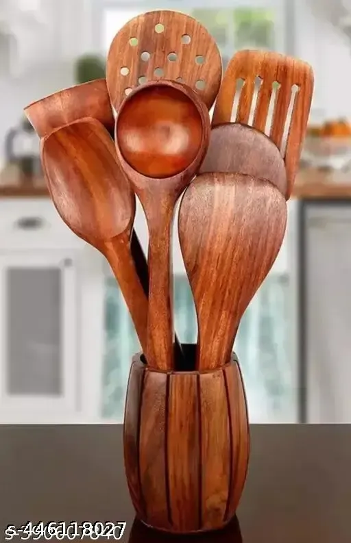 Wooden kitchen spoon set of 7 ( BEST QUALITY )( NO HOLDER )Natural Wooden Spoon Set For Cooking Includes Frying Serving Spatula Chapati Dessert Rice Spoons Wooden For Nonstick Cookware Kitchen Utensil