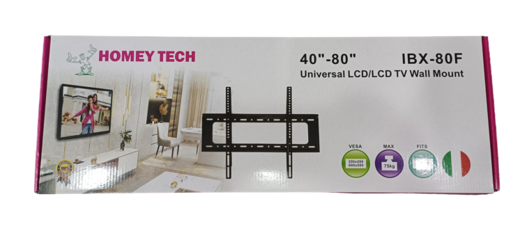 Homey Tech IBX-80F Universal TV Wall Mount | 40" - 80" | LCD, OLED, QLED, LED, Plasma, Curved &amp; Flat Screen TVs | Black