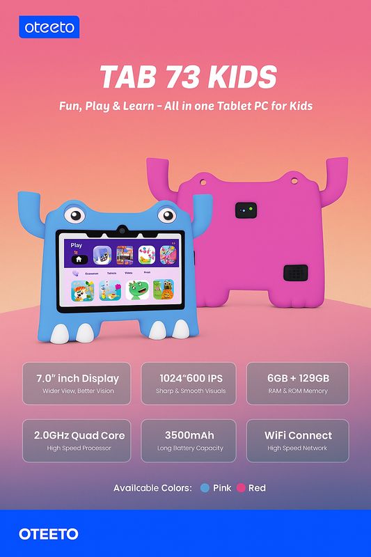 OTEETO TAB 73 Kids Tablet – 7&quot; IPS HD Display, 6GB RAM + 128GB Storage, 2.0GHz Quad-Core, 3500mAh Battery, WiFi, Durable Monster Silicone Case for Safe Fun Learning (Ages 3-10, Educational Apps, Paren