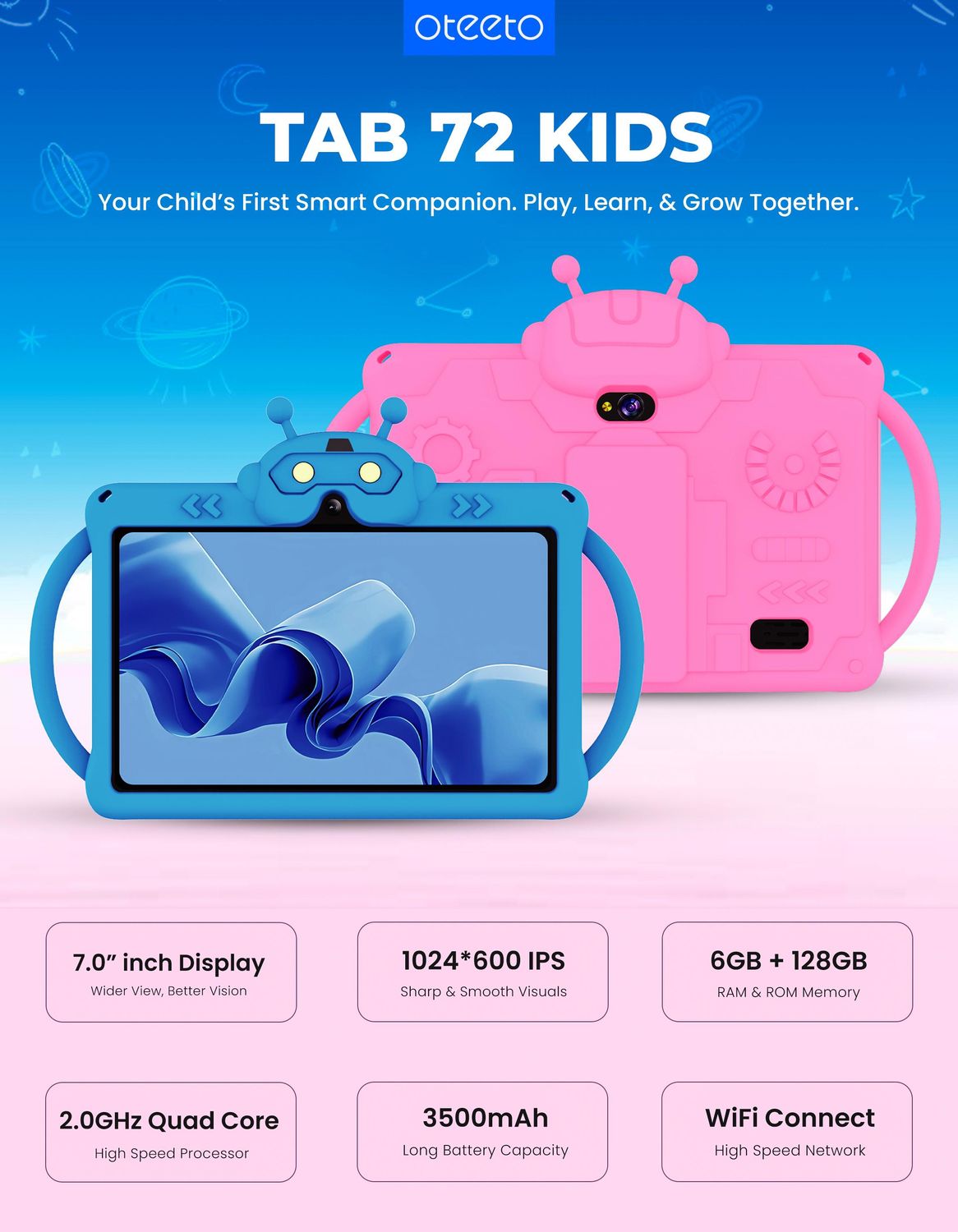 Oteeto TAB 72 Kids Learning Tablet – 7.0” IPS Display, 6GB RAM + 128GB ROM, 2.0GHz Quad-Core Processor, 3500mAh Battery, WiFi, Kid-Proof Case – Educational &amp; Entertainment Tablet for Children