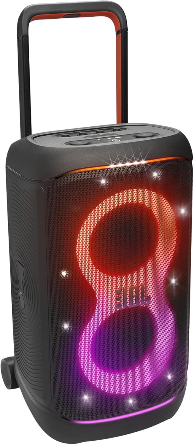 JBL PartyBox 520 Portable Bluetooth Party Speaker with AI Sound Boost, 400W Powerful Sound, Dynamic Light Show, 15H Playtime, Mic &amp; Guitar Inputs, IPX4 Splashproof, Telescopic Handle &amp; Wheels – Black