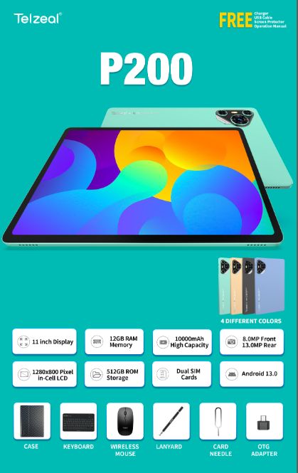 Telzeal P200 – 11″ HD Tablet with 12 GB RAM &amp; 512 GB Storage (Dual‑SIM, Android 13, 10 000 mAh Battery)