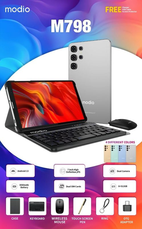 Modio M798 Tablet, 7-inch IPS Display, 8GB+512GB, Android 13, Dual SIM, 3000mAh Battery with Keyboard and Mouse