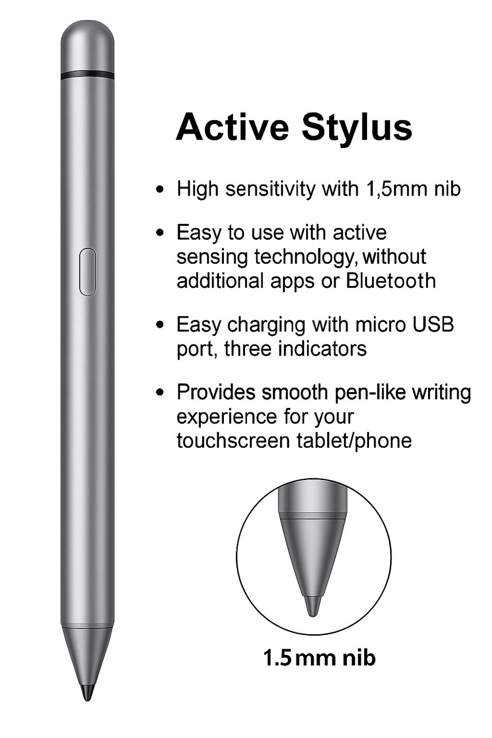 Active Stylus Pen – 1.5mm Nib, High Sensitivity, USB Rechargeable, For Tablets &amp;