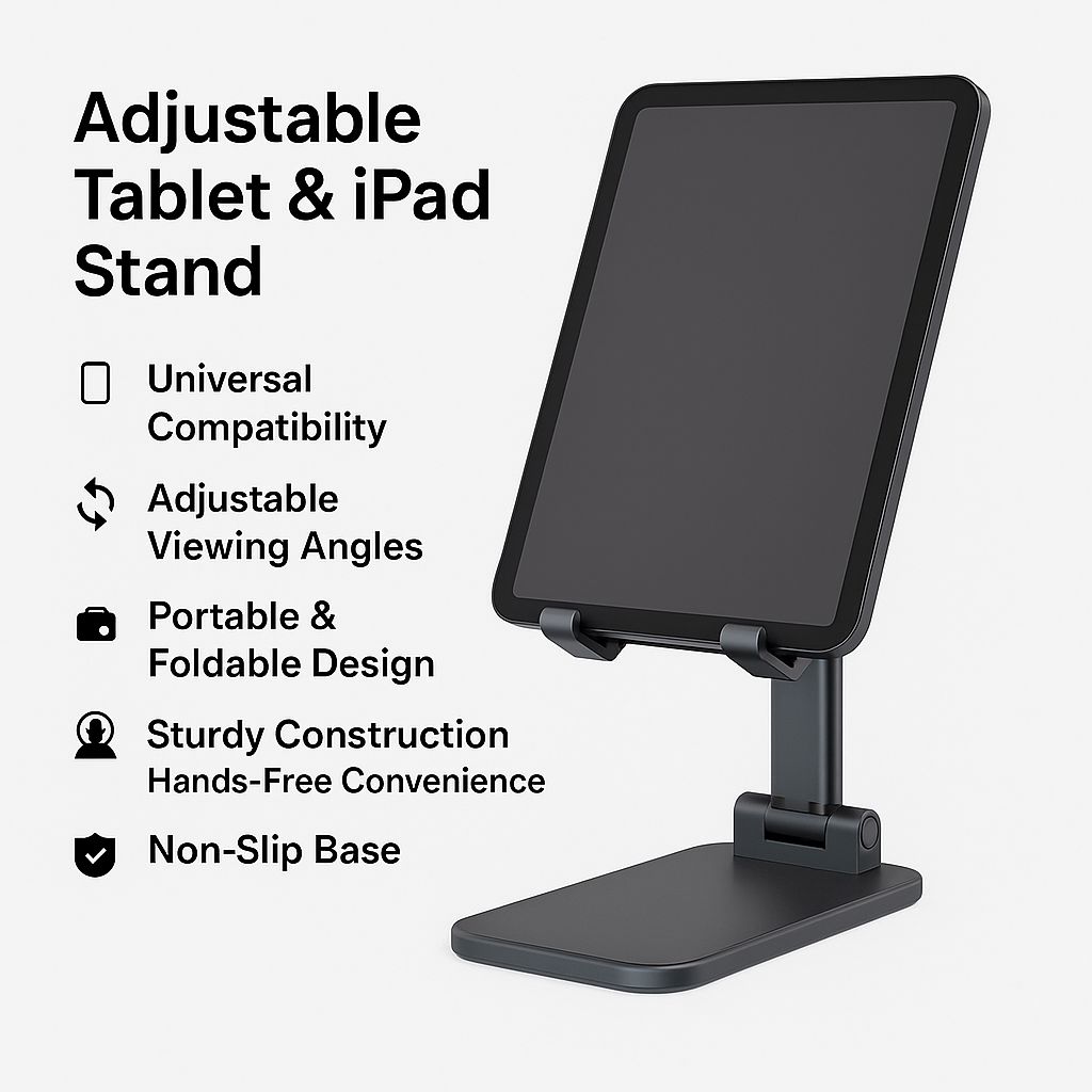 Adjustable Tablet &amp; iPad Stand – Foldable, Portable, and Universal Holder for Desk or Tabletop Use
