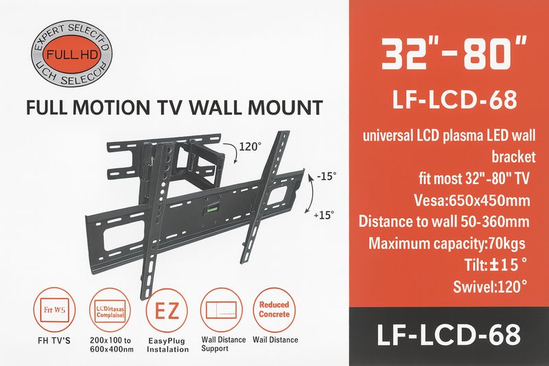 Siltron 32"–80" Full Motion TV Wall Mount – LF-LCD-68, 70kg Capacity, VESA 650×450mm, Tilt ±15°, Swivel 120°