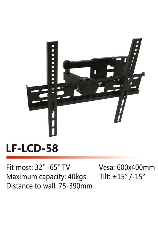 Siltron 32"–65" Full Motion TV Wall Mount – LF-LCD-58, Single Arm , 40kg Capacity, VESA 600×400mm, Tilt ±15°, Extendable 390mm
