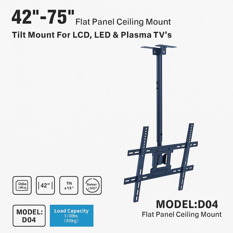 Siltron 42"-75" Flat Panel Ceiling Mount | Model D04 | Tilt &amp; Swivel | VESA 100x100–600x400mm | 50kg Capacity