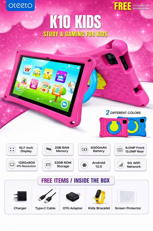 Oteeto K10 Kid's 5G WI-FI Android Tablet 8" Display, 8GB RAM, 256GB Storage, 6000mAh Battery,8MP Front+13 MP Rear Camera , Children Watch (Gray+Pink))