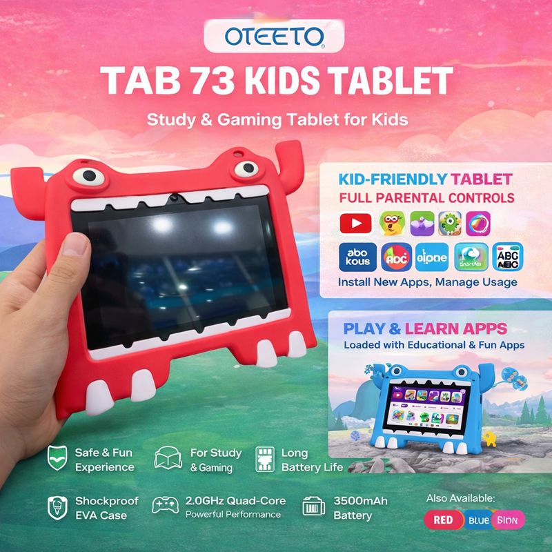 OTEETO TAB 73 Kids Tablet – 7" IPS HD Display, 6GB RAM + 128GB Storage, 2.0GHz Quad-Core, 3500mAh Battery, WiFi, Durable Monster Silicone Case for Safe Fun Learning (Ages 3-10, Educational Apps, Paren