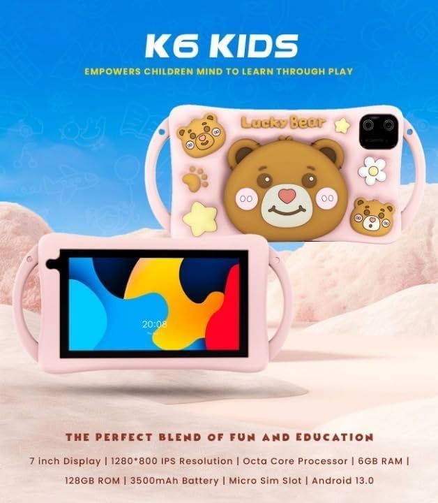 Oteeto K6 Kids Tablet – 7-Inch IPS HD Display, Android 13, Octa-Core 1.3GHz Processor, 6GB RAM + 128GB Storage, 4G LTE SIM Support, Dual Camera (2MP+5MP), 3500mAh Battery, Parental Controls, Education