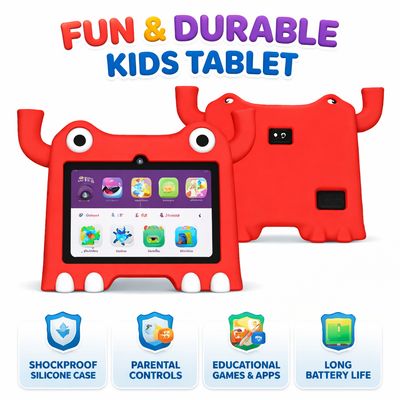 OTEETO TAB 73 Kids Tablet – 7" IPS HD Display, 6GB RAM + 128GB Storage, 2.0GHz Quad-Core, 3500mAh Battery, WiFi, Durable Monster Silicone Case for Safe Fun Learning (Ages 3-10, Educational Apps, Paren