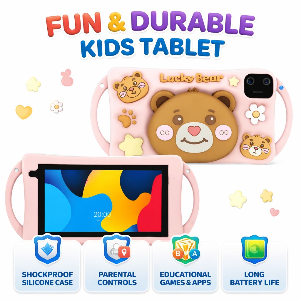 Oteeto K6 Kids Tablet – 7-Inch IPS HD Display, Android 13, Octa-Core 1.3GHz Processor, 6GB RAM + 128GB Storage, 4G LTE SIM Support, Dual Camera (2MP+5MP), 3500mAh Battery, Parental Controls, Education