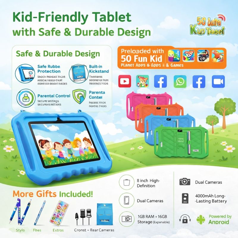 Modio M3 Kids Tablet, 7-inch HD Display, 4GB RAM, 128GB Storage, Dual Camera, 5G WiFi, 3000mAh Battery
