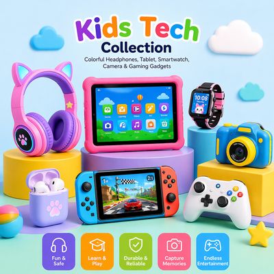 Kids Tech Collection – Colorful Headphones, Tablet, Smartwatch, Camera &amp; Gaming Gadgets