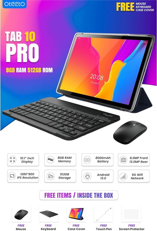 Oteeto TAB 10 Pro 10.1" Android 13 Tablet – 8GB RAM, 512GB ROM, 5G SIM &amp; WiFi, 8000mAh, 13MP Rear + 8MP Front Camera, Keyboard, Mouse, Stylus, Flip Cover
