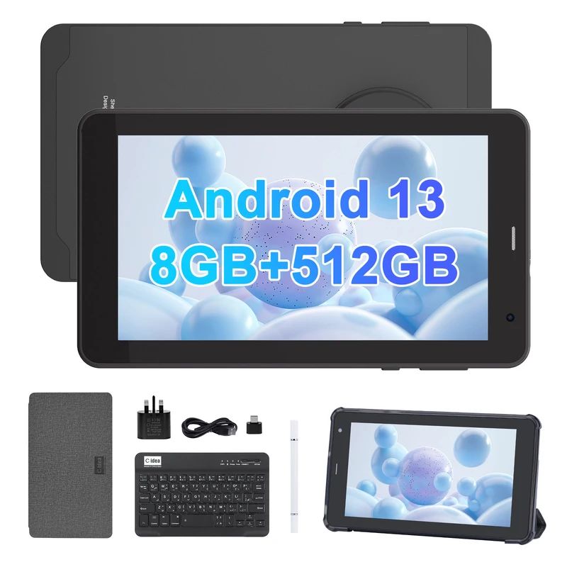 C Idea CM518 Pro 7-Inch Android 13 Tablet, 8GB RAM 512GB Storage, 6000mAh Battery, SIM, Wi-Fi, Bluetooth, 5MP Front &amp; 8MP Rear Camera with Keyboard, Case &amp; Stylus