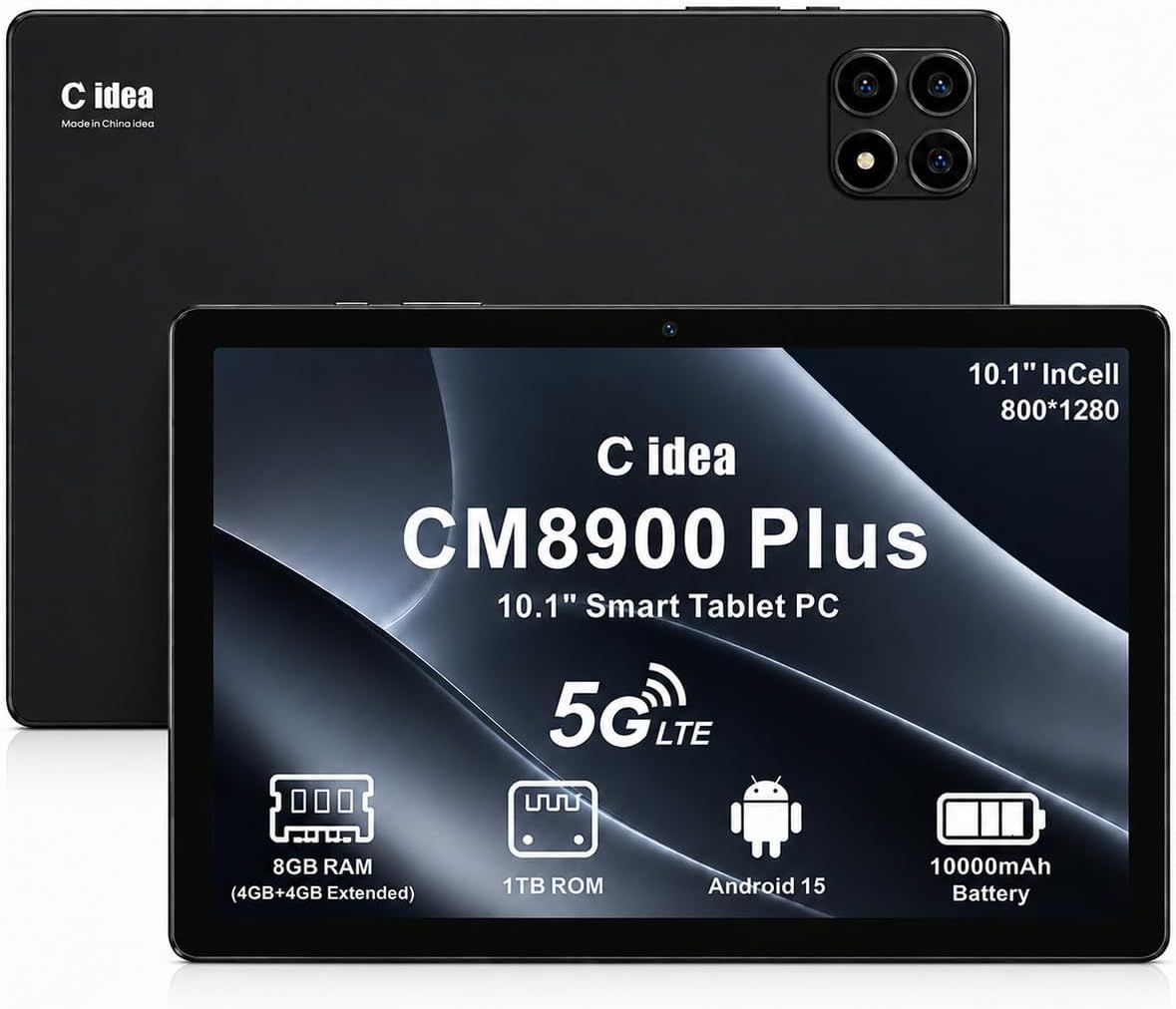 C idea10.1" Tablet CM8900 Plus, 8GB RAM + 1TB Storage, Android 15, 5G LTE, 10000mAh Battery, Dual Camera