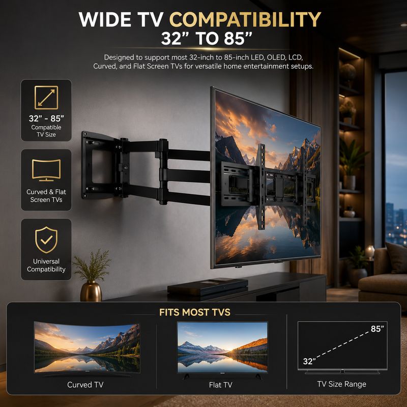 Brandtech Swivel TV Wall Bracket ｜32-85 inch Screens | Wall Mount for Flat &amp; Curved TV up to 65KG | Tilt Angel ±15°