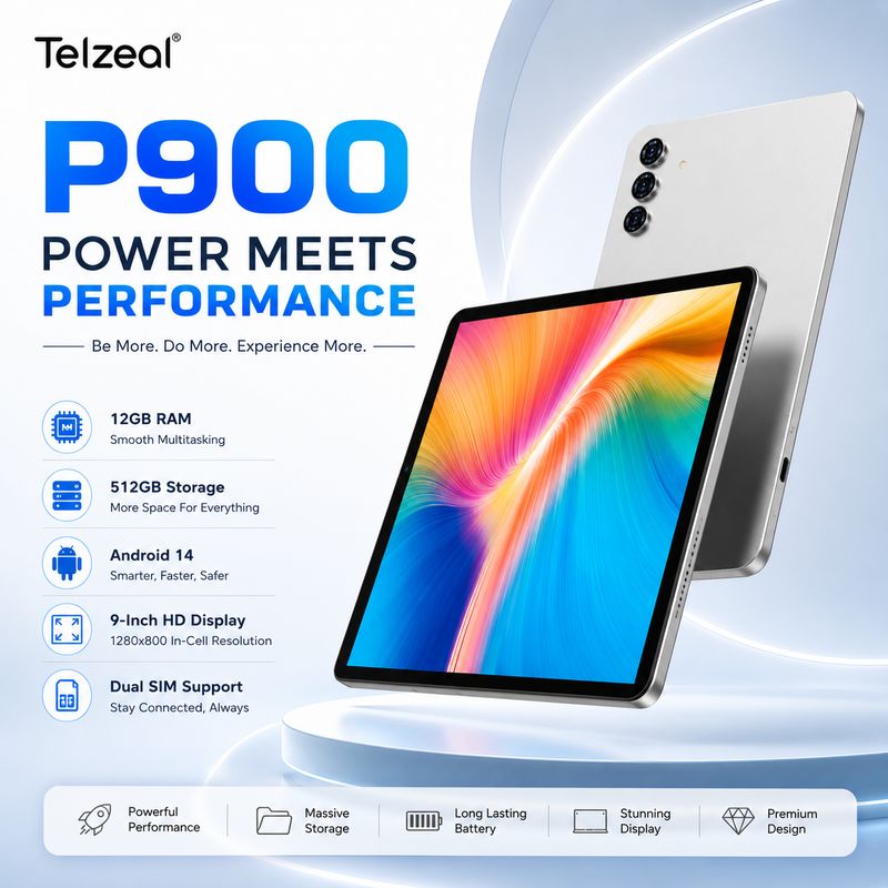 Telzeal P900 Tablet 9 Inch HD Display, 12GB RAM 512GB ROM, Android 14, Dual SIM, 5000mAh Battery, WiFi Tablet with Keyboard, Mouse &amp; Stylus