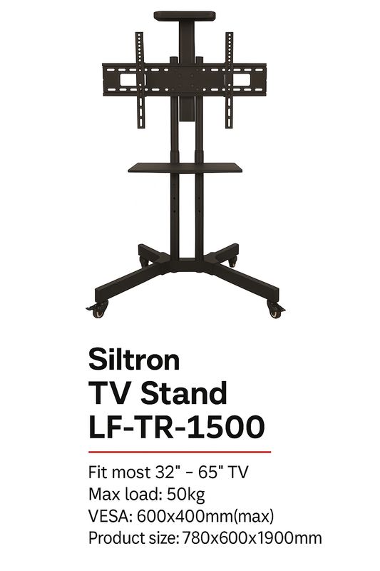 Siltron LF-TR-1500 Heavy-Duty Mobile TV Stand with Shelf &amp; Lockable Wheels – Fits 32″–65″ TVs, 50kg Capacity, VESA 600x400mm Max